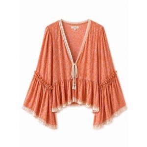 C&V Womens Boho Floral Orange Open Front Kimono Top Lace Trim Bell Sleeve Size M